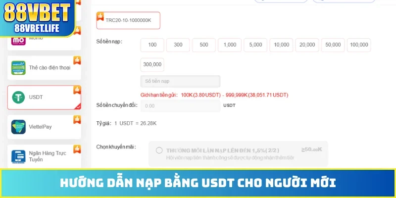 Hướng dẫn nạp bằng USDT cho người mới