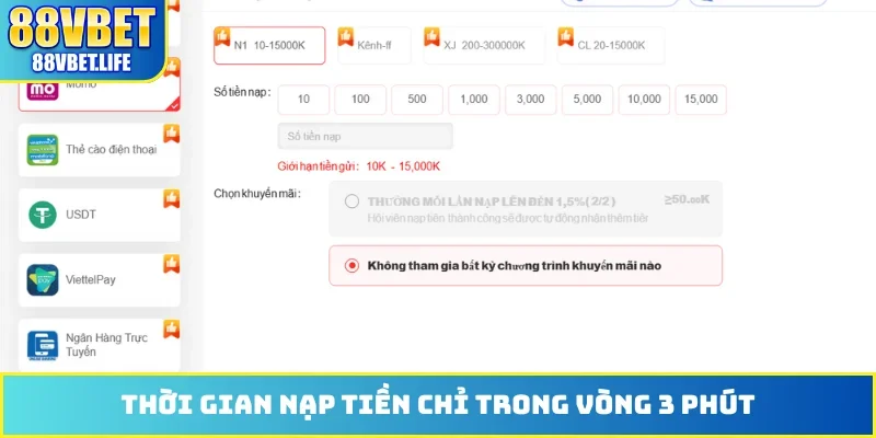 Thời gian nạp tiền chỉ trong vòng 3 phút